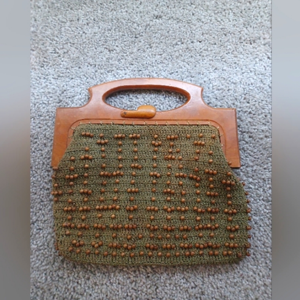 Vintage beaded wooden Purse Green And Brown